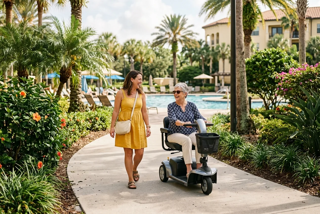 Uma senhora passeia de scooter de mobilidade por um caminho ensolarado de resort, com a filha caminhando ao lado.